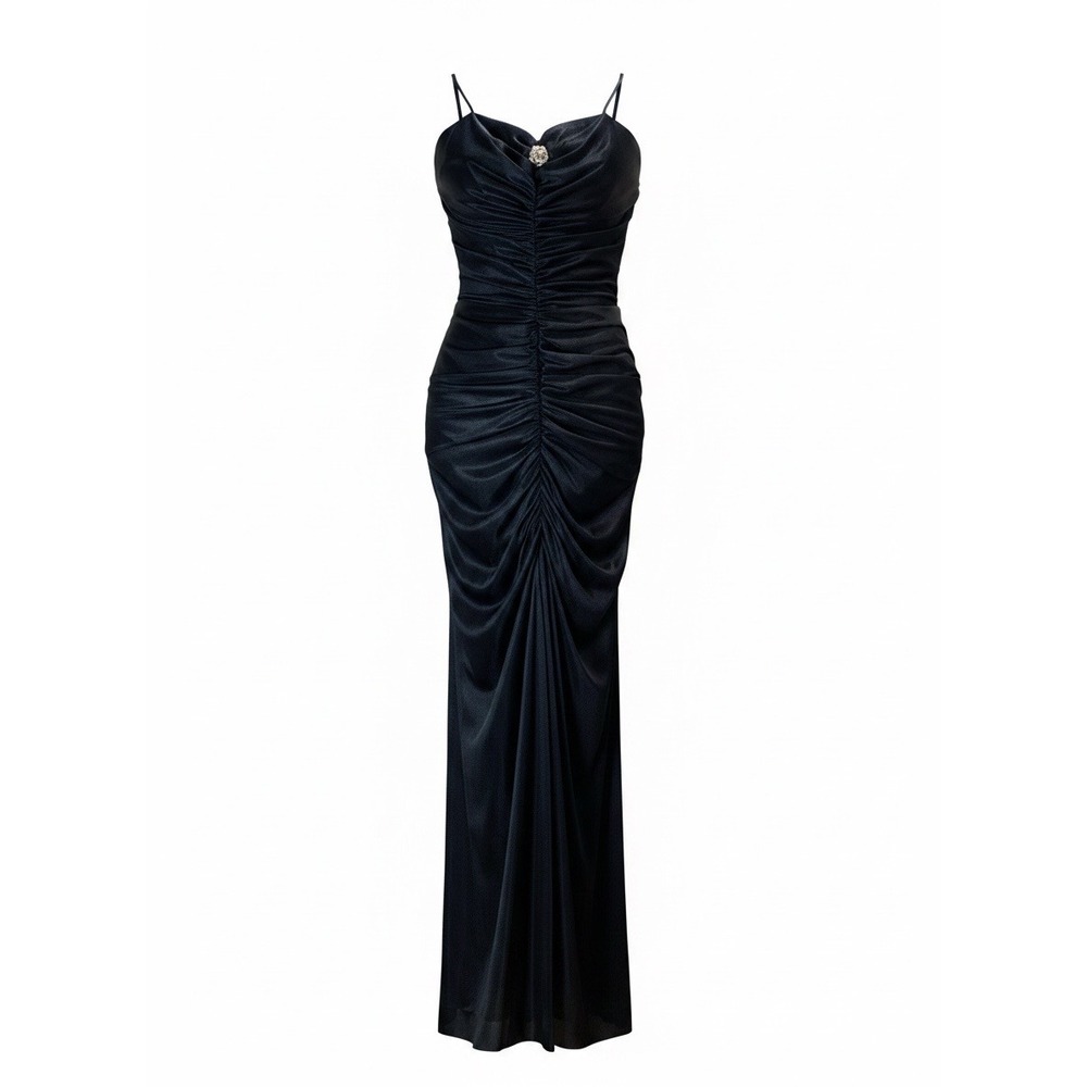Fredericks of Hollywood Vintage Black Ruched Maxi Dress Rhinestone Brooch XS-S